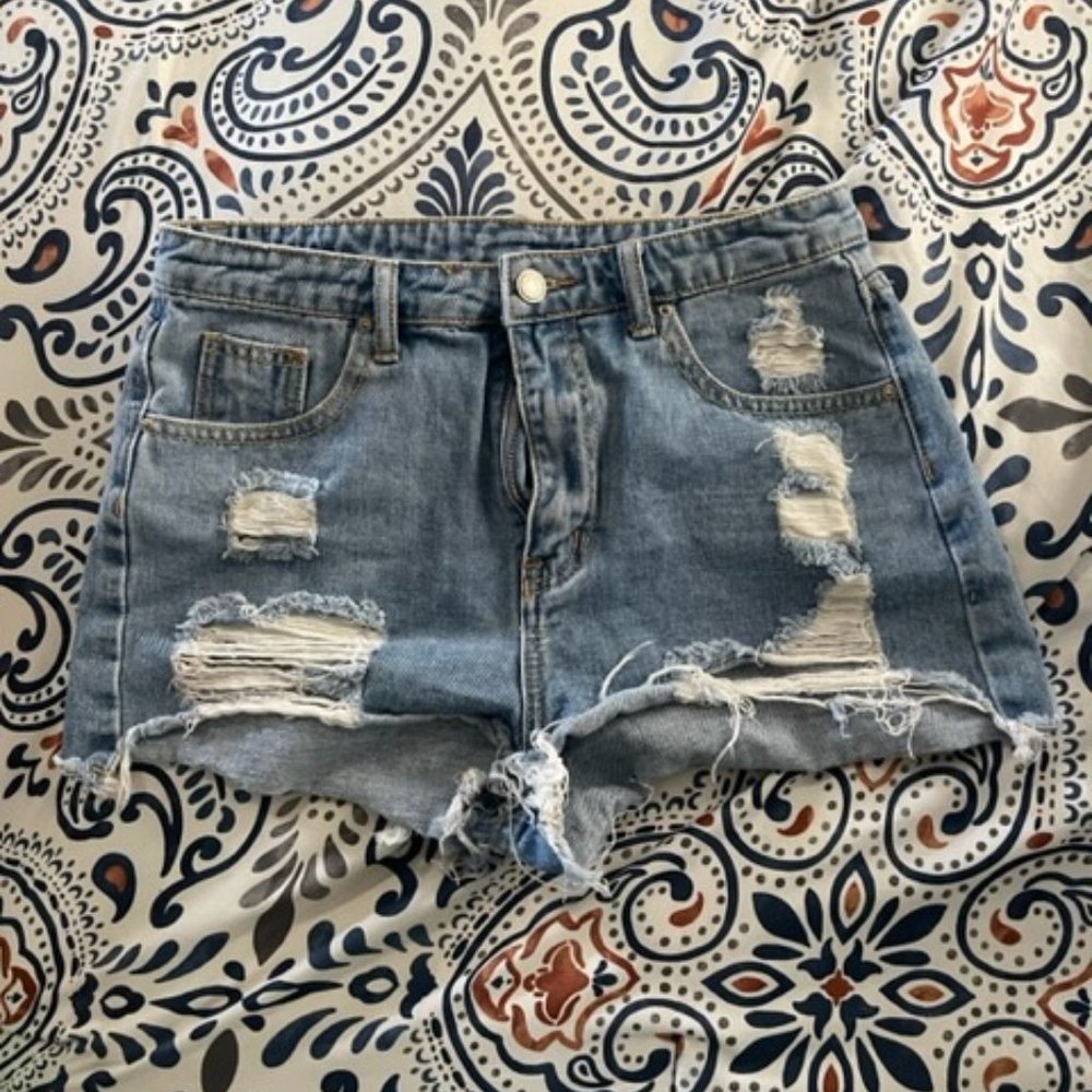 Distressed denim shorts
